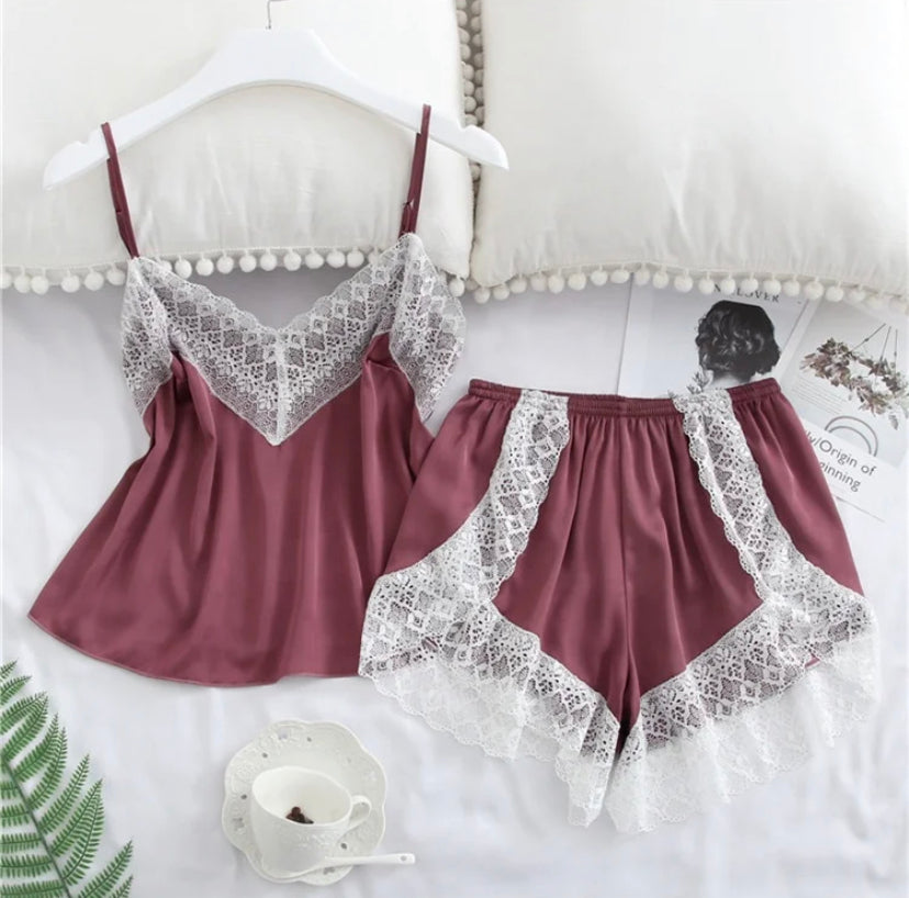 purple silk lace nightwear cami shorts luxury sexy lingerie