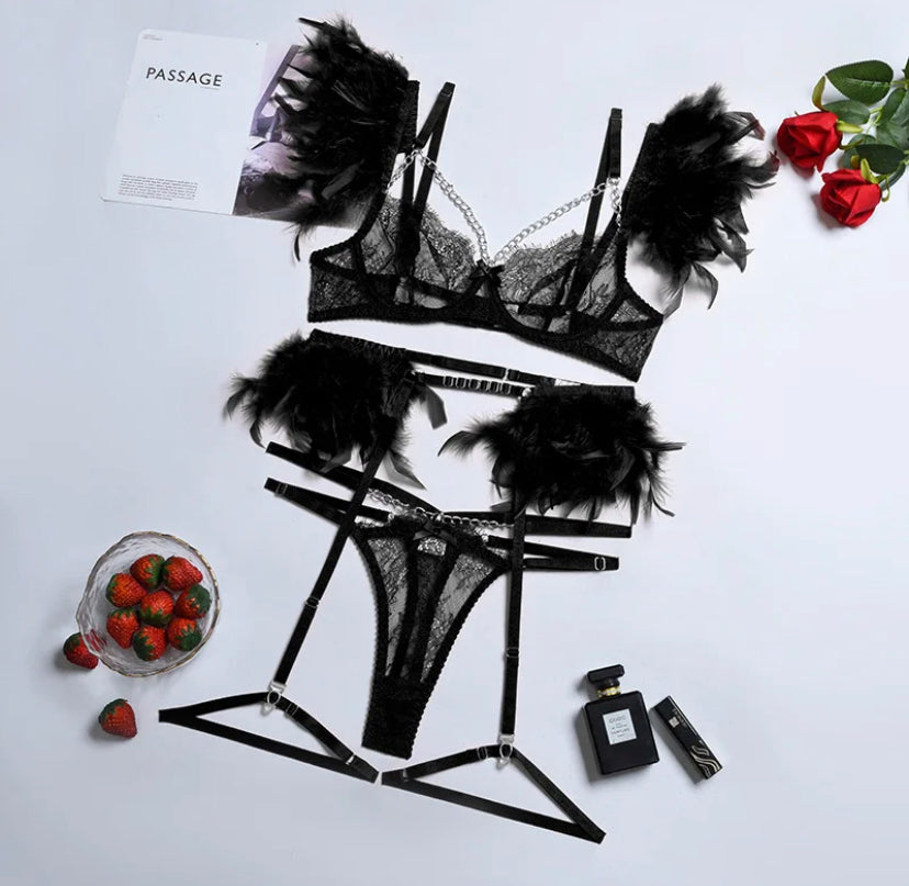  3 piece black lingerie set, luxury sexy lingerie