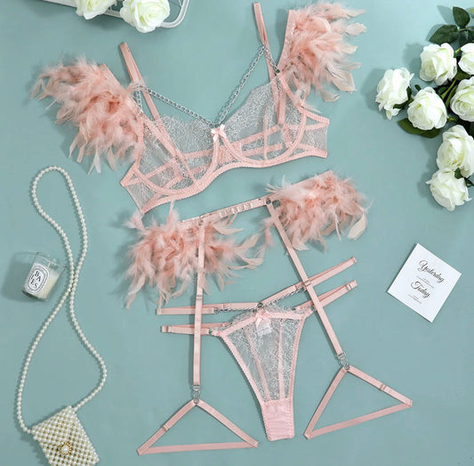 3 piece pink lace lingerie set, luxury sexy lingerie