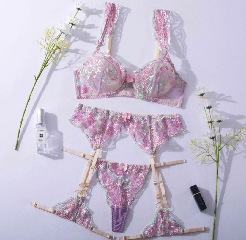 lilac green 3 piece lingerie set